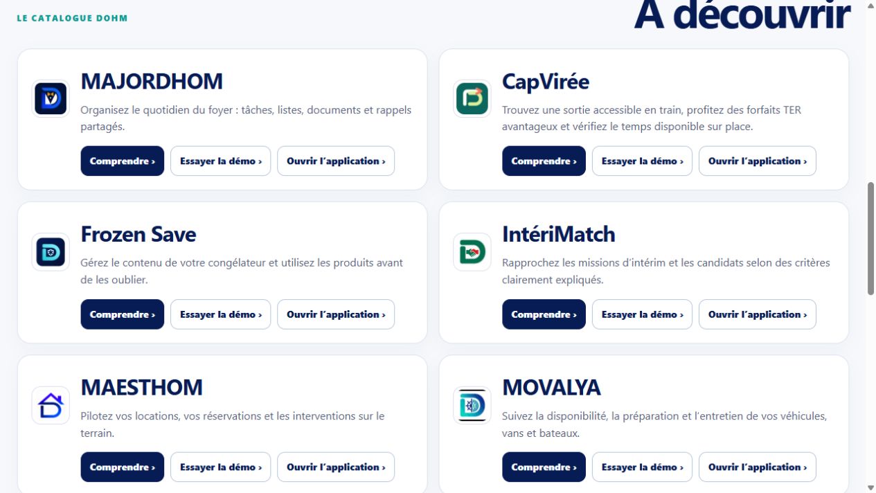 Catalogue My DOHM avec les fiches MAJORDHOM, CapVirée, Frozen Save et IntériMatch